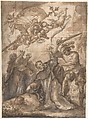 The Martyrdom of St. Peter Martyr, Francisco Camilo  Spanish, Pen and brown ink, brown wash over black chalk, highlighted with white on off-white paper. Squared in red chalk and traces of construction lines in black chalk, close to borders