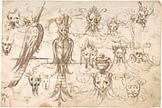 Studies for birds and grotesque masks (recto); candelabra grotesques, ewers and vases (verso), ? attributed to Andrés de Melgar (Spanish, documented S. Domingo de la Calzada, died after 1554), Pen and brown ink