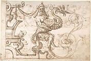Satyr holding a fantastical creature (recto); Two candelabra grotesques (verso), ? attributed to Andrés de Melgar (Spanish, documented S. Domingo de la Calzada, died after 1554), Pen and brown ink