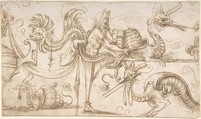 Term with snails and strapwork (recto); Candelabra grotesque with two figures (verso), ? attributed to Andrés de Melgar (Spanish, documented S. Domingo de la Calzada, died after 1554), Pen and brown ink