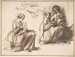 Study Sheet with Two Seated Children and an Angel, Hendrick Goudt Dutch, Pen and brown ink; framing lines in pen and light brown ink