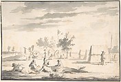 Landscape with Figures and Camp Site, Josua de Grave  Dutch, Pen and brown ink, gray wash over faint traces of black chalk.