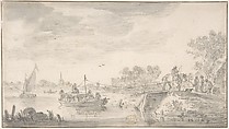 River Scene with Towboat, Jan van Goyen Dutch, Black chalk, brush and gray wash; framing lines in pen and brown ink