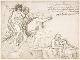 Unidentified Subject with Male Nudes at Left and Right, with a Female Nude at Center, Anonymous, Spanish, 17th century  Spanish, Pen and brown ink on off-white paper