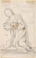 Kneeling Virgin (Virgin Annunciate) (recto); Writing (verso), Anonymous, Spanish, School of Seville, 17th century  Spanish, Black chalk (recto). On off-white paper. Writing in black chalk by artist (verso)