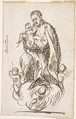 Male Saint (Stanisław Kostka?) standing on clouds supported by putti, holding infant Christ, Pedro  Duque Cornejo  Spanish, Pen and dark brown ink with ground line in same. On off-white paper