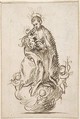 Male Saint (Stanisław Kostka?) standing on clouds supported by putti, holding infant Christ, Pedro  Duque Cornejo  Spanish, Pen and dark brown ink over traces of black chalk underdrawing; ground line drawn in pen and dark brown ink. On off-white paper
