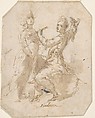 Pygmalion and Galatea, Anonymous, Spanish, School of Seville, 17th century  Spanish, Pen and light brown ink with brush and brown wash over black chalk underdrawing.  On off-white paper