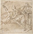 Judith Slaying Holofernes, with Old Woman Servant, Anonymous, Spanish, School of Seville, 17th century  Spanish, Pen and brown ink with brush and brown wash over black chalk underdrawing.  On off-white paper