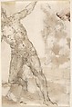 Young Man Approaching Old Bearded Man Who Stands on Steps (recto); Male Nude with Bent Right Knee (verso), Anonymous, Spanish, School of Seville, 17th century, Pen and brown ink with brush and brown wash, over black chalk underdrawing (recto). On off-white paper. Pen and brown ink with brush and brown wash over black chalk underdrawing (verso)