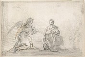 The Annunciation (Angel Approaching from Left), Pedro  Duque Cornejo  Spanish, Black chalk, figure of angel reinforced with pen and light brown ink. Composition outlined in black chalk. On off-white paper