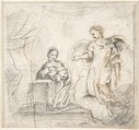 The Annunciation (Angel Approaching From the Right), Pedro  Duque Cornejo  Spanish, Black chalk reinforced with traces of pen and light brown ink. Drawing continues over palimpsest in lower left corner. On off-white paper
