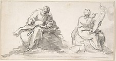 Two Figures of Evangelists Writing, Pedro  Duque Cornejo  Spanish, Pen and black ink, brush and gray wash, over black chalk underdrawing on ivory paper
