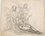 Reclining Figure of Saint Holding Cross, Supported by Two Angels (Death of the Magdalene?), Pedro  Duque Cornejo  Spanish, Black chalk, reclining figure reinforced with pen and dark brown ink. On light beige paper