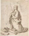 Kneeling Figure of Saint Catherine of Alexandria, Anonymous, Spanish, School of Seville, 17th century  Spanish, Pen and dark brown ink. On off-white paper