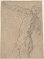 Life Study of Standing Male Nude in Three-Quarter Length, Anonymous, Spanish, School of Seville, 17th century  Spanish, Black chalk, small traces of white chalk (?) highlighting on light brown paper; traces of black chalk framing outline