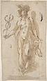 Standing Figure of Mercury, Anonymous, Spanish, School of Seville, 17th century  Spanish, Pen and brown ink with brush and brown wash over traces of black chalk underdrawing.  Partial reinforcements in pen and dark brown ink.  On off-white paper