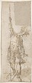 Standing Soldier with a Spear, Anonymous, Spanish, School of Seville, 17th century  Spanish, Pen and light brown ink with brush and brown wash over black chalk  on off-white paper; spear ruled in black chalk; traces of framing lines in black chalk
