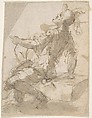Startled Figure of a Soldier Seated on a Block, Anonymous, Spanish, School of Seville, 17th century  Spanish, Pen and light brown ink with brush and light brown wash over black chalk underdrawing. On off-white paper