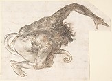 Figure of Fantastic Human-like Creature with Long Tail (recto); Fragment of a Letter or Document (verso), Anonymous, Spanish, School of Seville, 17th century  Spanish, Pen and brown ink with brush and brown wash over black chalk underdrawing (recto). On ivory paper. Script in pen and dark brown ink (verso)