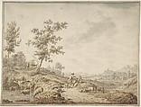 Landscape with Herdsmen and Their Cattle, Jordanus Hoorn  Dutch, Pen and brown and gray ink, over traces of black chalk