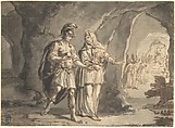 Aeneas and the Sibyl in the Underworld, Arnold Houbraken  Dutch, Pen and brown ink, brush and gray wash, indented for transfer