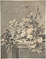 A Basket of Fruit, Jan van Huysum  Dutch, Pen and black ink and gray wash on paper.
