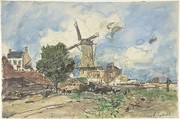 Wind Mill at Antwerp, Johan Barthold Jongkind  Dutch, Watercolor over black chalk