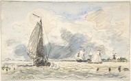 Dutch Fishing Boats, Verso: Sketches of Boats, Johan Barthold Jongkind (Dutch, Latrop 1819–1891 La-Côte-Saint-André), Watercolor over black chalk on paper.
verso black chalk