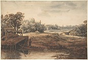 River Landscape with a Man Standing by a Boathouse, Philips Koninck  Dutch, Pen and brown ink, reddish-brown (red chalk?), gray wash.