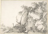 Rocks Overgrown with Bushes, Francois van Knibbergen  Dutch, Black chalk