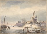 Winter Landscape with Frozen River, Lodewijk Johannes Kleijn (Dutch, Loosduinen 1817–1897 Den Haag), Watercolour, framing line in graphite