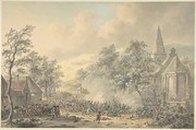 Battle Scene with Church at right, Dirk Langendijk Dutch, Watercolor