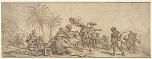 Scene of Africa (Allegory?), Pieter Jacobsz. van Laer  Dutch, Pen and brown ink, brush and gray wash, traces of red chalk; framing lines in pen and brown ink