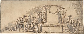 Europeans Engaging in Commerce and Trade in Asia, Pieter Jacobsz. van Laer  Dutch, Pen, brown ink, and gray wash on paper; framing line in pen and brown ink