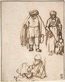 Studies of Two Men and a Woman Teaching a Child to Walk, Nicolaes Maes (Dutch, Dordrecht 1634–1693 Amsterdam), Pen and brown ink, with framing line in pen and brown ink