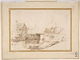 Landscape with a Draughtsman Seated by a River, a Bridge and a Cottage Behind, Nicolaes Maes (Dutch, Dordrecht 1634–1693 Amsterdam), Pen and brown ink and brown wash