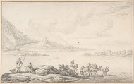 Landscape with mountains and a lake, figures in the foreground, Jan van der Meer the Younger Dutch, Black chalk