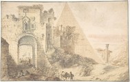 Pyramid of Cestius and the Porta San Paolo, Rome, Pieter Moninckx (Dutch, The Hague, 1606–1686 (?)), Brush and brown ink over black chalk. Framing line in pen and black ink