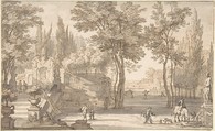Classical Landscape, Isaac de Moucheron Dutch, Pen and brown ink, brush and brown-gray wash; framing lines in pen and brown ink