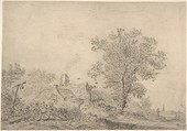 Landscape with cottages and a figure by a cart, Pieter de Molijn  Dutch, Black chalk