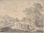 Figures on a Road, Pieter de Molijn  Dutch, Black chalk and gray wash, framing line in pen and gray ink