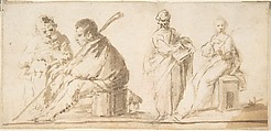 Four Figures, Anonymous, Spanish, School of Seville, 17th century  Spanish, Two male figures: Brush and brown washes.<br/>Standing female: Pen and dark brown ink with brush and brown wash.<br/>Seated female: Brush and brown washes.<br/>Ground line drawn along bottom of drawing in brush and brown wash. On off-white paper