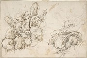 Figures of Two Music-Making Angels, Anonymous, Spanish, School of Seville, 17th century  Spanish, Pen and dark brown ink over black chalk underdrawing. Traces of framing outlines ruled in black chalk. On off-white paper