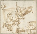 Figure of a Soldier on Horseback Holding a Flag, Anonymous, Spanish, School of Seville, 17th century  Spanish, Pen and light brown ink, brush and light brown wash, over traces of black chalk contours. On off-white paper