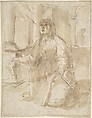 Kneeling Figure of a Nun, Anonymous, Spanish, School of Seville, 17th century  Spanish, Pen and light brown ink with brush and light brown wash over black chalk underdrawing. Composition framed with black chalk at borders. On off-white paper