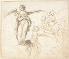 Studies for Five Figures of Angels Standing, and Seated on Clouds, Anonymous, Spanish, School of Seville, 17th century  Spanish, Pen and light brown ink over black chalk. On off-white paper