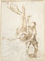 Scene of Martyrdom (Crucifixion of Saint Peter?) (recto); Fragment of Design for Ornamental Border (verso), Anonymous, Spanish, School of Seville, 17th century  Spanish, Pen and light brown ink over traces of black chalk. On ivory paper