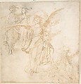 Studies for Figures of Five Angels, Anonymous, Spanish, School of Seville, 17th century  Spanish, Pen and light brown ink over black chalk underdrawing. Traces of brush and gray wash. On off-white paper