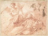 Saint Francis and an Angel with a Viola da Braccio (The Ecstasy of Saint Francis), Anonymous, Spanish, School of Seville, 17th century  Spanish, Red chalk; composition outlined on three sides with the same. On off-white paper